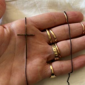 Bronze cross on oxidized sterling silver chain